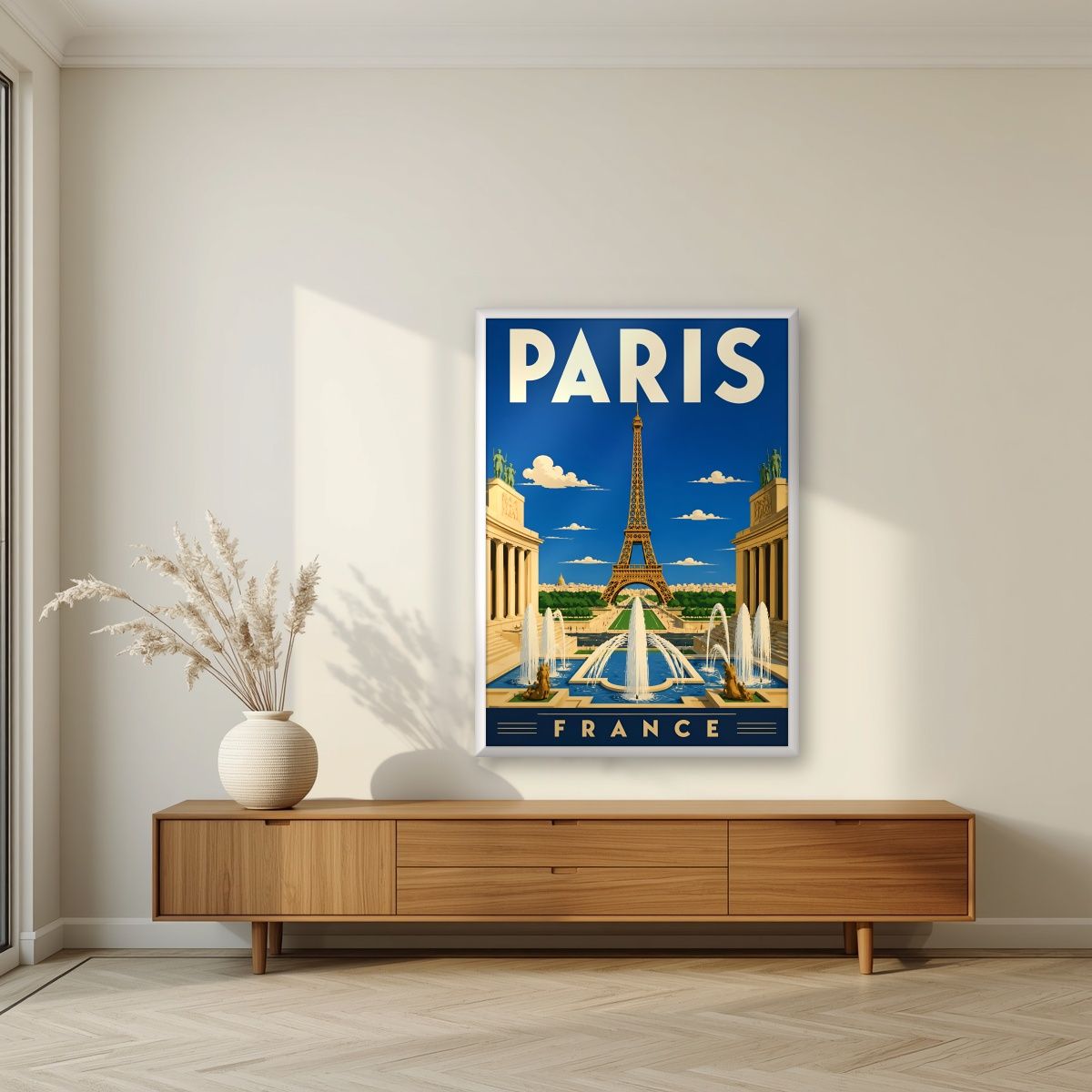 Fontaines du Trocadéro — Paris art print, in a white frame, styled in a living room