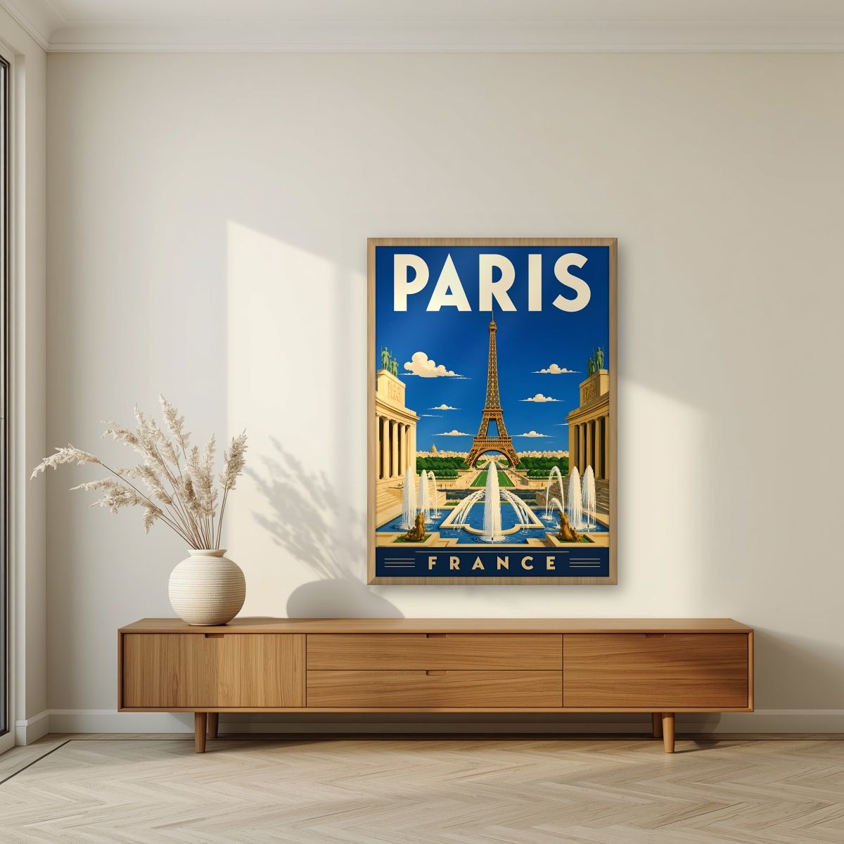 Fontaines du Trocadéro — Paris art print, in an oak frame, styled in a living room