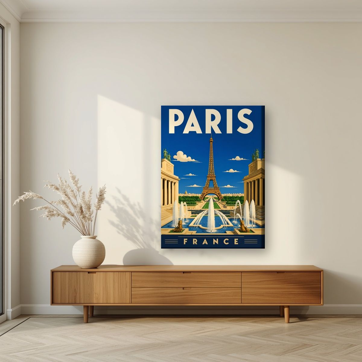 Fontaines du Trocadéro — Paris art print, on slim canvas, styled in a living room