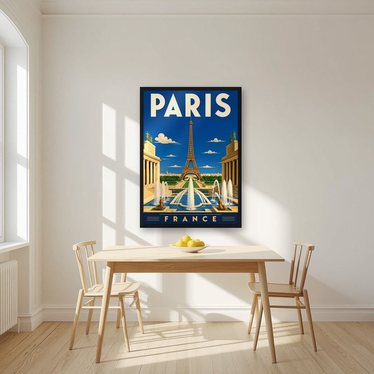 Fontaines du Trocadéro — Paris art print, in a black frame, styled in a kitchen