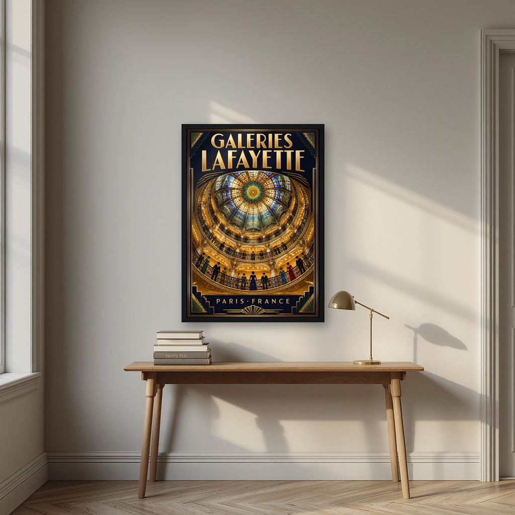 Galeries Lafayette — Paris art print, in a black frame, styled in a desk