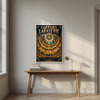 Galeries Lafayette — Paris art print, in a white frame, styled in a desk
