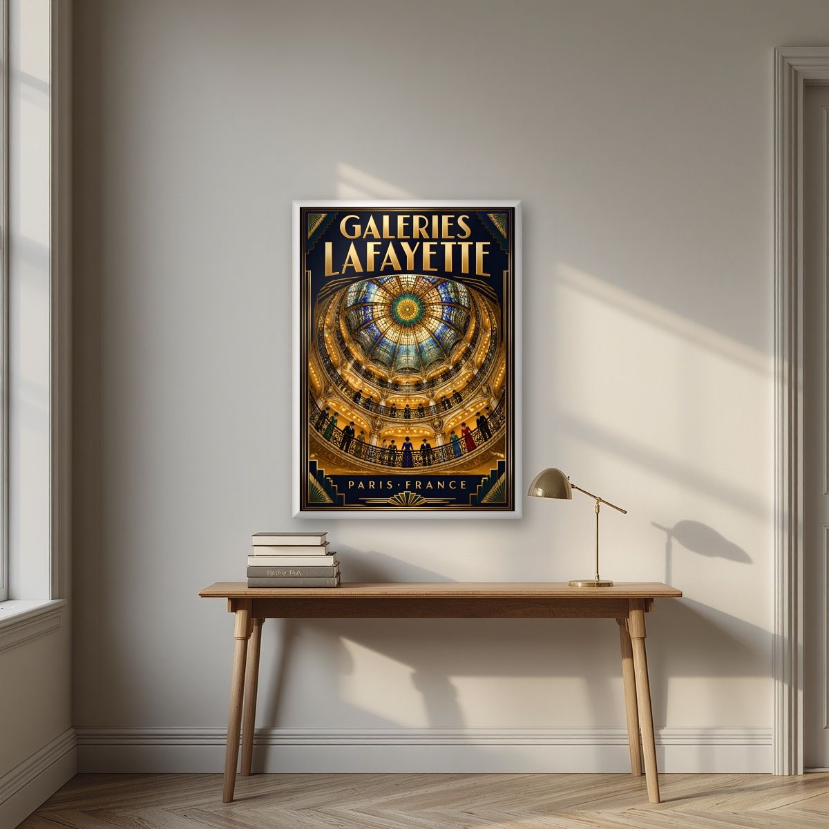 Galeries Lafayette — Paris art print, in a white frame, styled in a desk