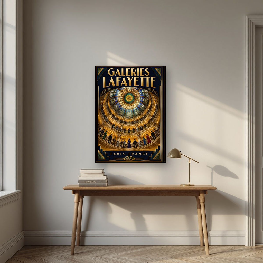 Galeries Lafayette — Paris art print, on slim canvas, styled in a desk
