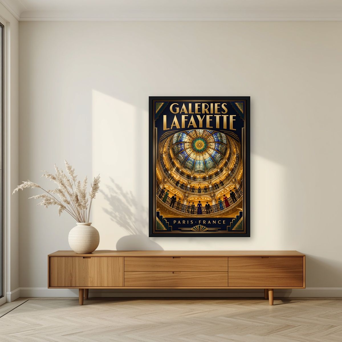 Galeries Lafayette — Paris art print, in a black frame, styled in a living room