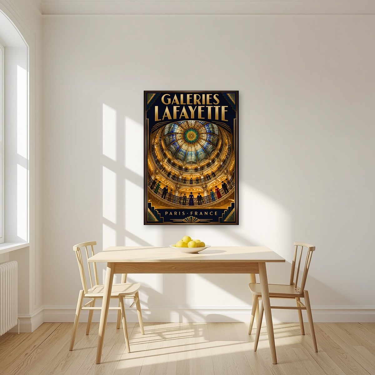 Galeries Lafayette — Paris art print, unframed poster, styled in a kitchen
