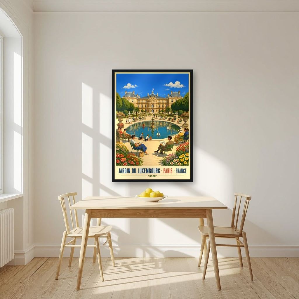 Jardin du Luxembourg — Paris art print, in a black frame, styled in a kitchen