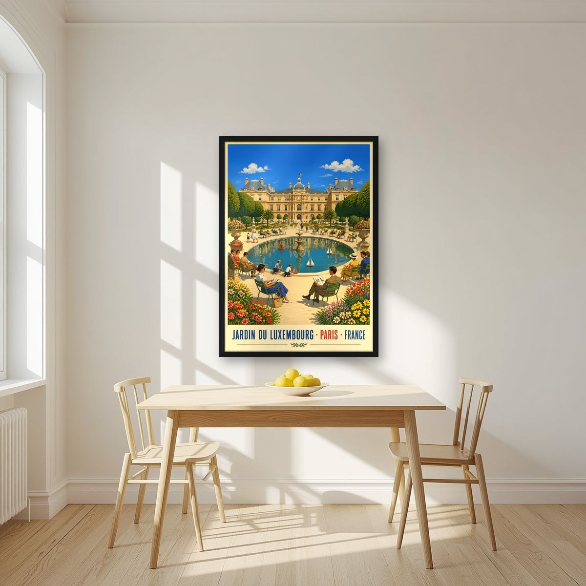 Jardin du Luxembourg — Paris art print, in a black frame, styled in a kitchen