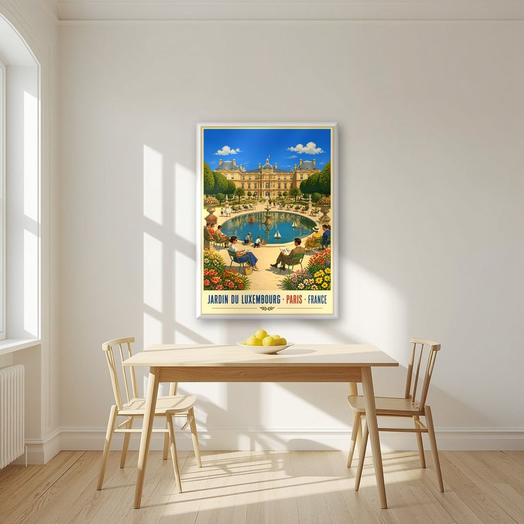 Jardin du Luxembourg — Paris art print, in a white frame, styled in a kitchen