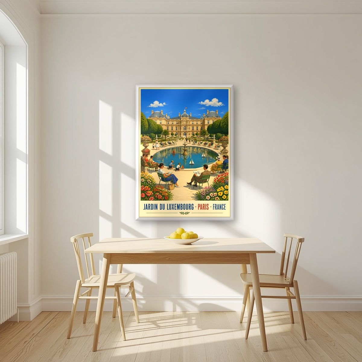 Jardin du Luxembourg — Paris art print, in a white frame, styled in a kitchen