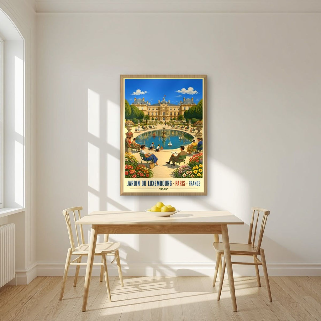 Jardin du Luxembourg — Paris art print, in an oak frame, styled in a kitchen