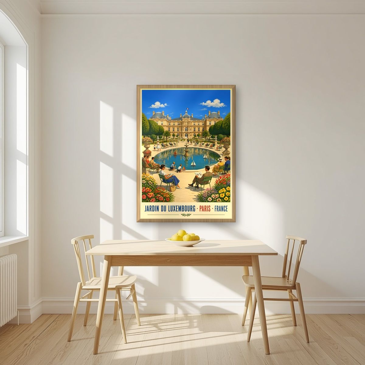Jardin du Luxembourg — Paris art print, in an oak frame, styled in a kitchen