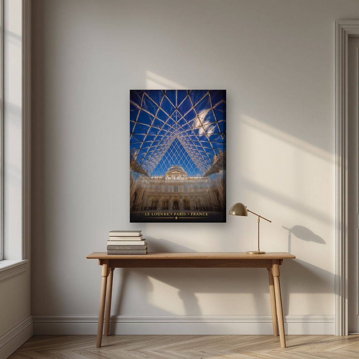 Le Louvre — Paris art print, on slim canvas, styled in a desk