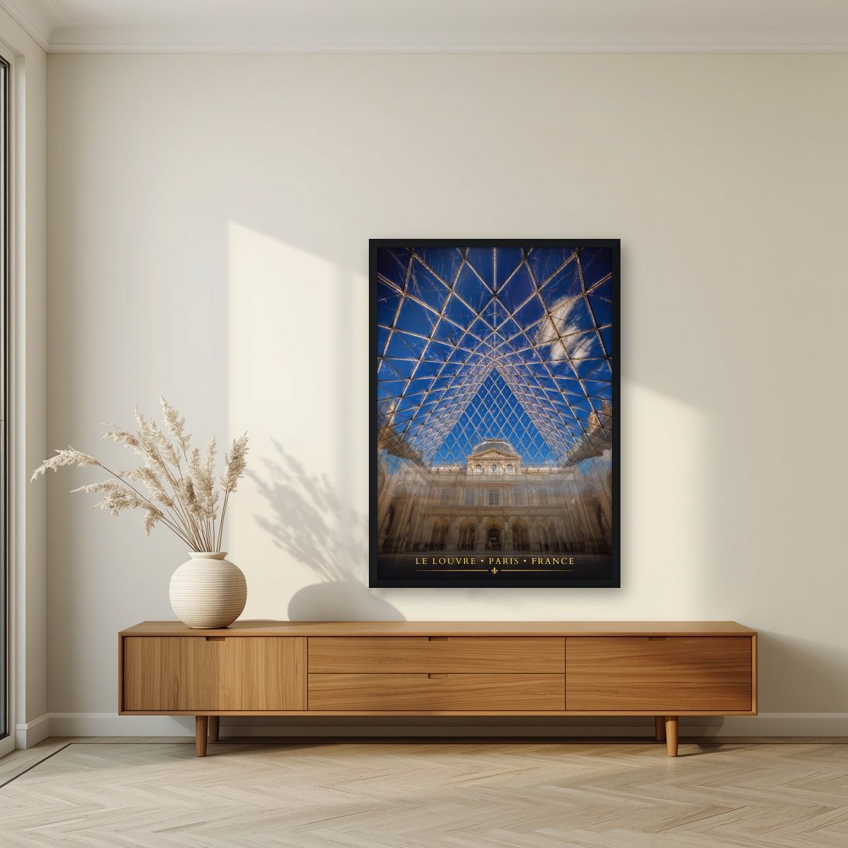Le Louvre — Paris art print, in a black frame, styled in a living room