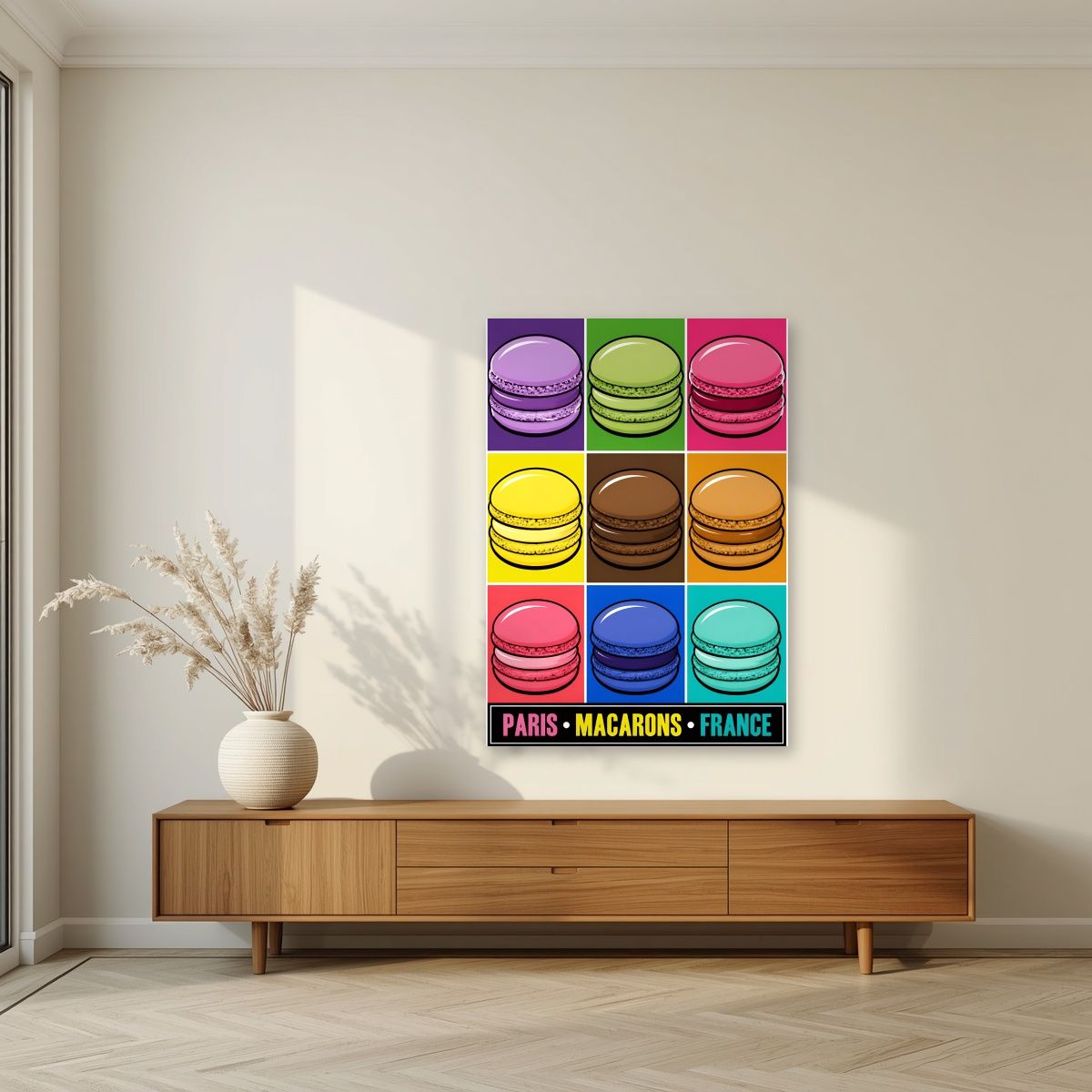 Macarons — Paris art print, unframed poster, styled in a living room