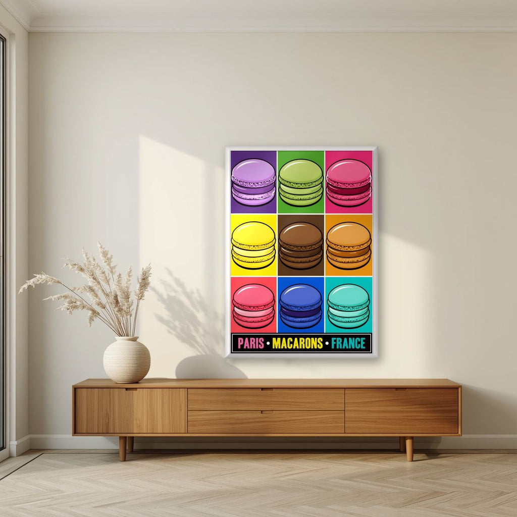 Macarons — Paris art print, in a white frame, styled in a living room