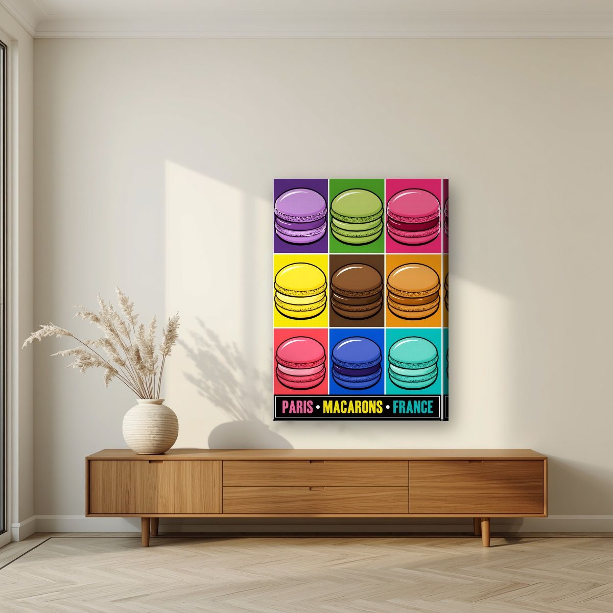 Macarons — Paris art print, on slim canvas, styled in a living room