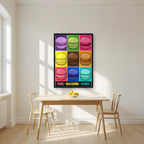 Macarons — Paris art print, in a black frame, styled in a kitchen