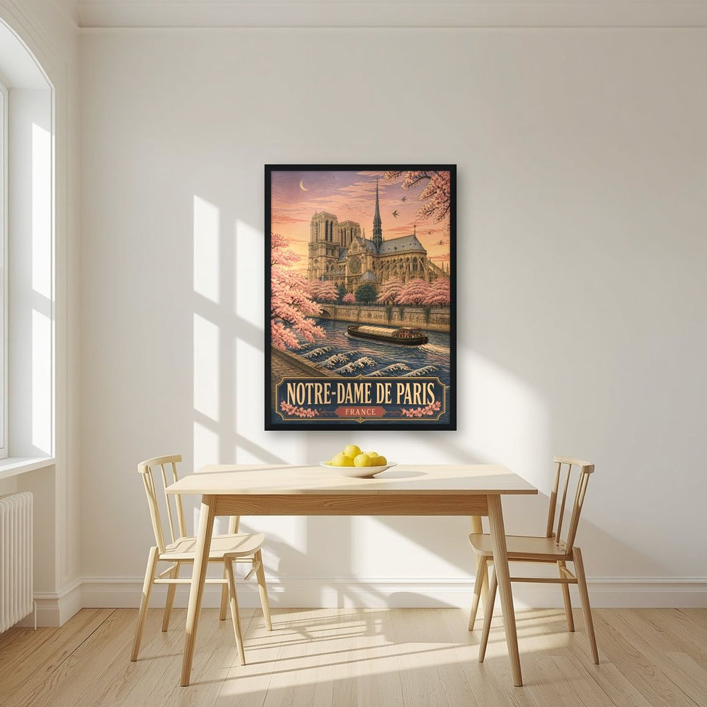 Notre-Dame de Paris — Paris art print, in a black frame, styled in a kitchen