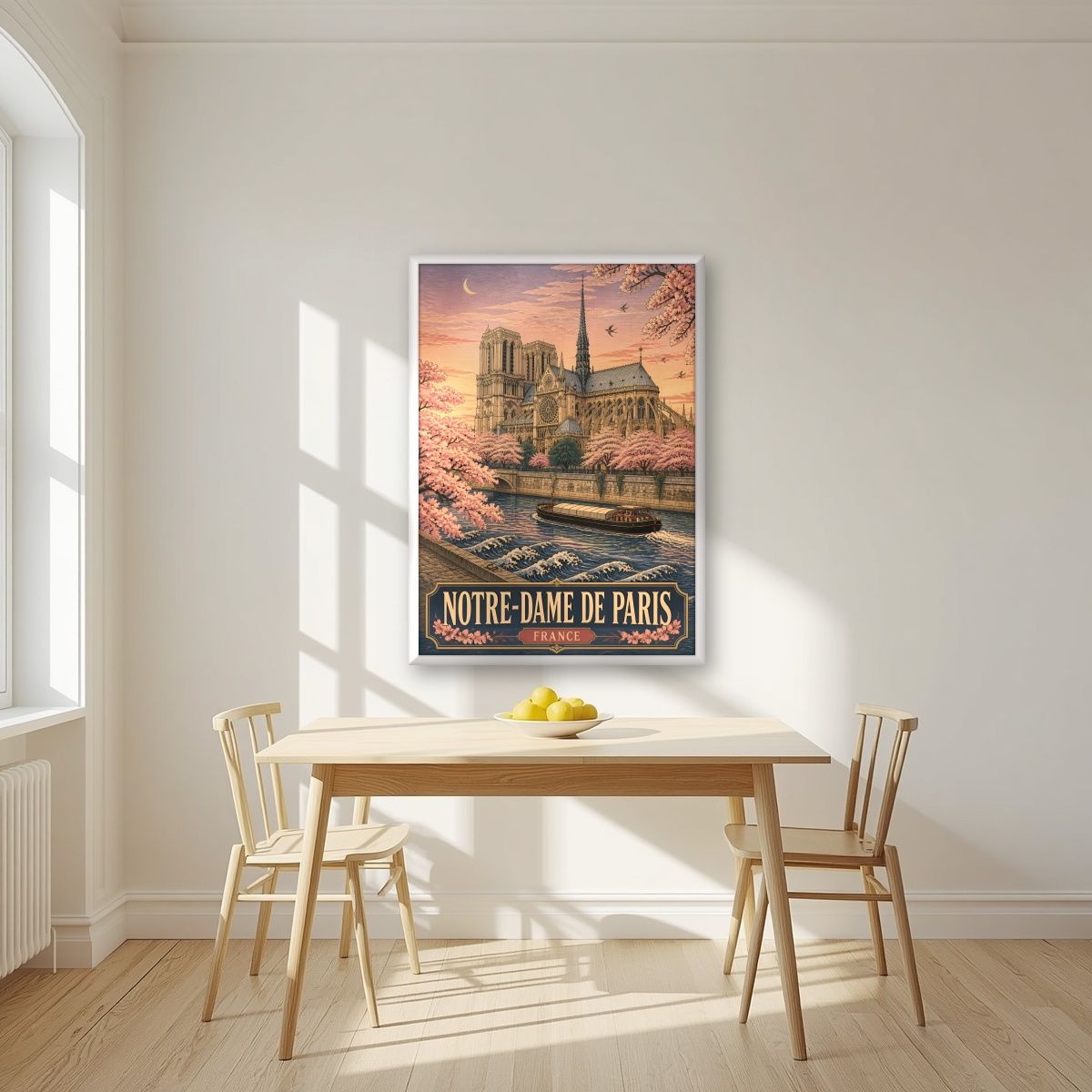Notre-Dame de Paris — Paris art print, in a white frame, styled in a kitchen