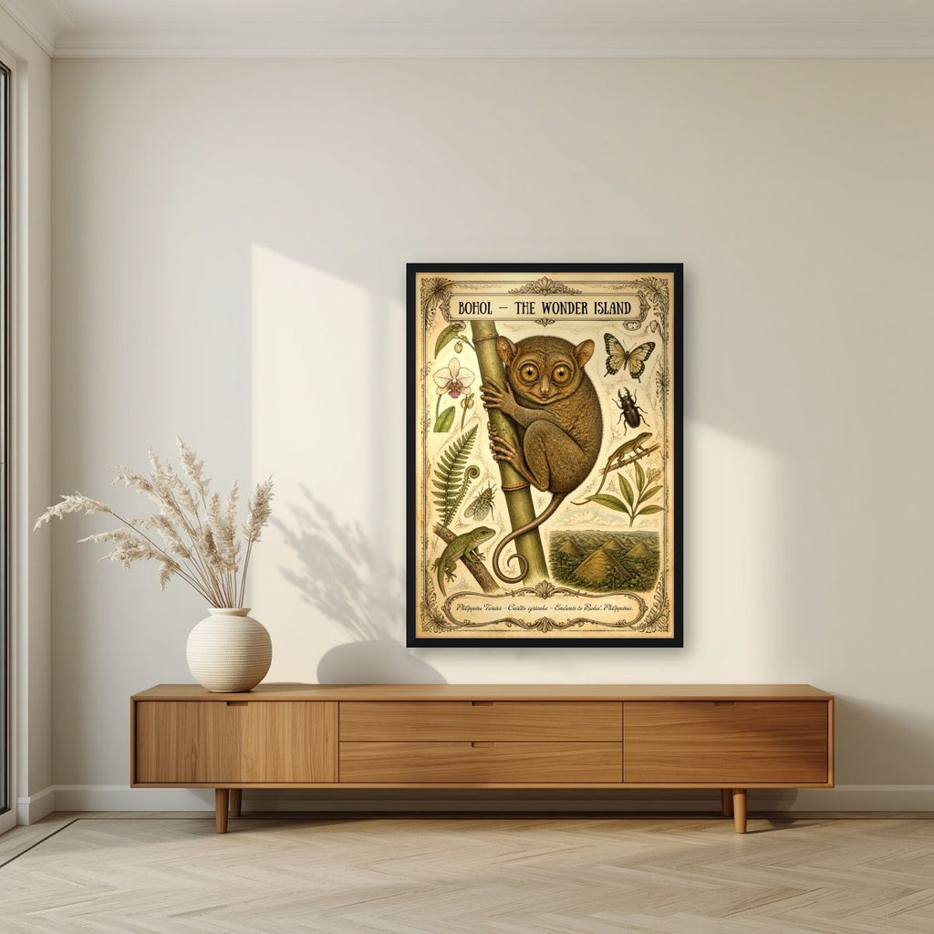 Carlito Syrichta — Bohol art print, in a black frame, styled in a living room