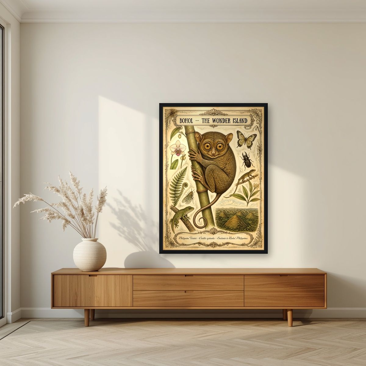 Carlito Syrichta — Bohol art print, in a black frame, styled in a living room