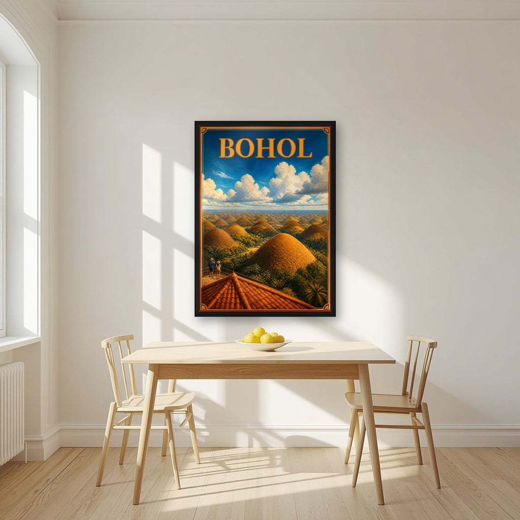 Chocolate Hills — Bohol art print, in a black frame, styled in a kitchen