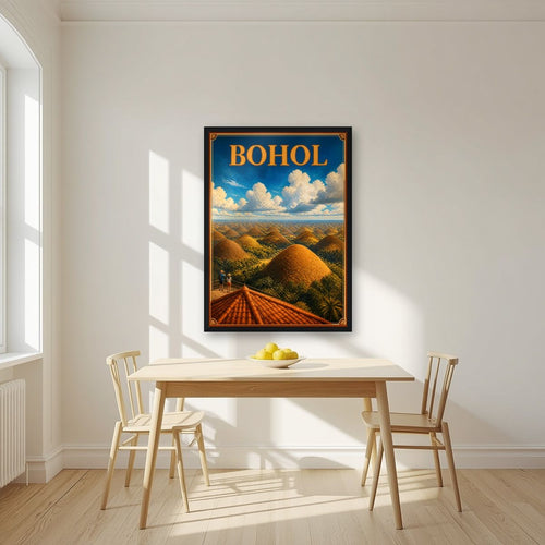 Chocolate Hills — Bohol art print, in a black frame, styled in a kitchen