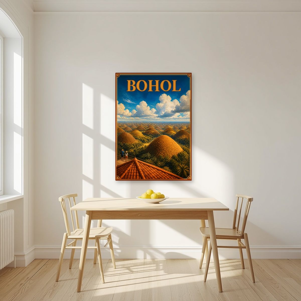 Chocolate Hills — Bohol art print, unframed poster, styled in a kitchen