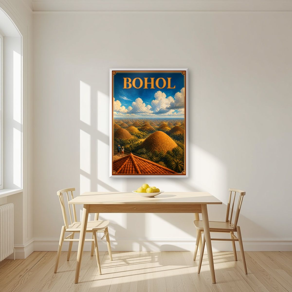 Chocolate Hills — Bohol art print, in a white frame, styled in a kitchen