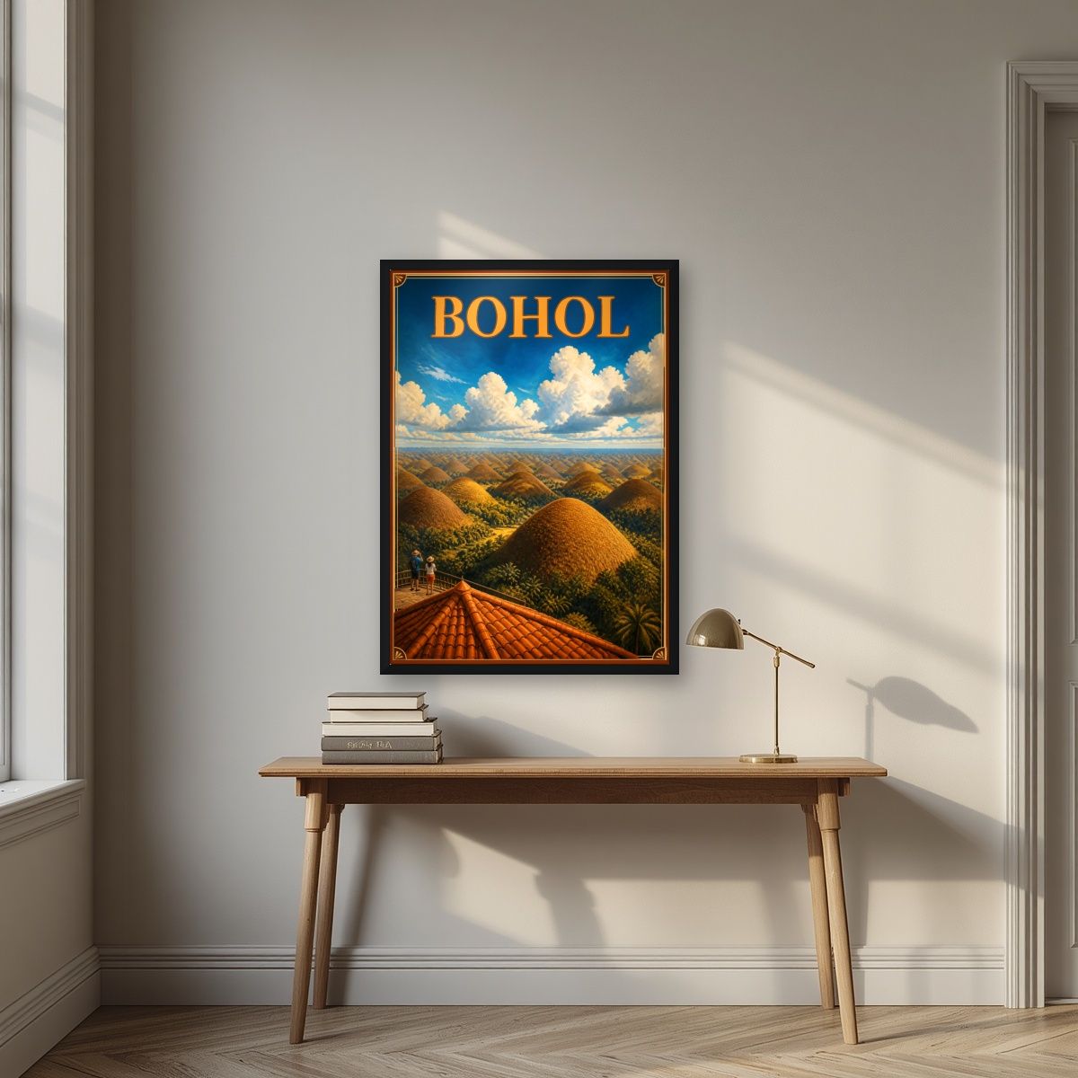 Chocolate Hills — Bohol art print, in a black frame, styled in a desk