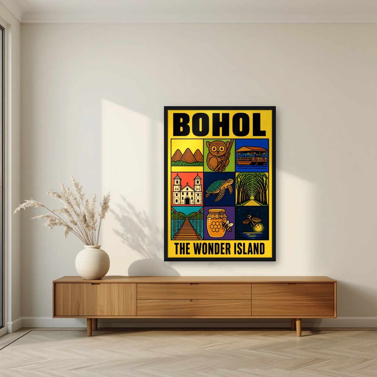 Hiyas ng Isla — Bohol art print, in a black frame, styled in a living room