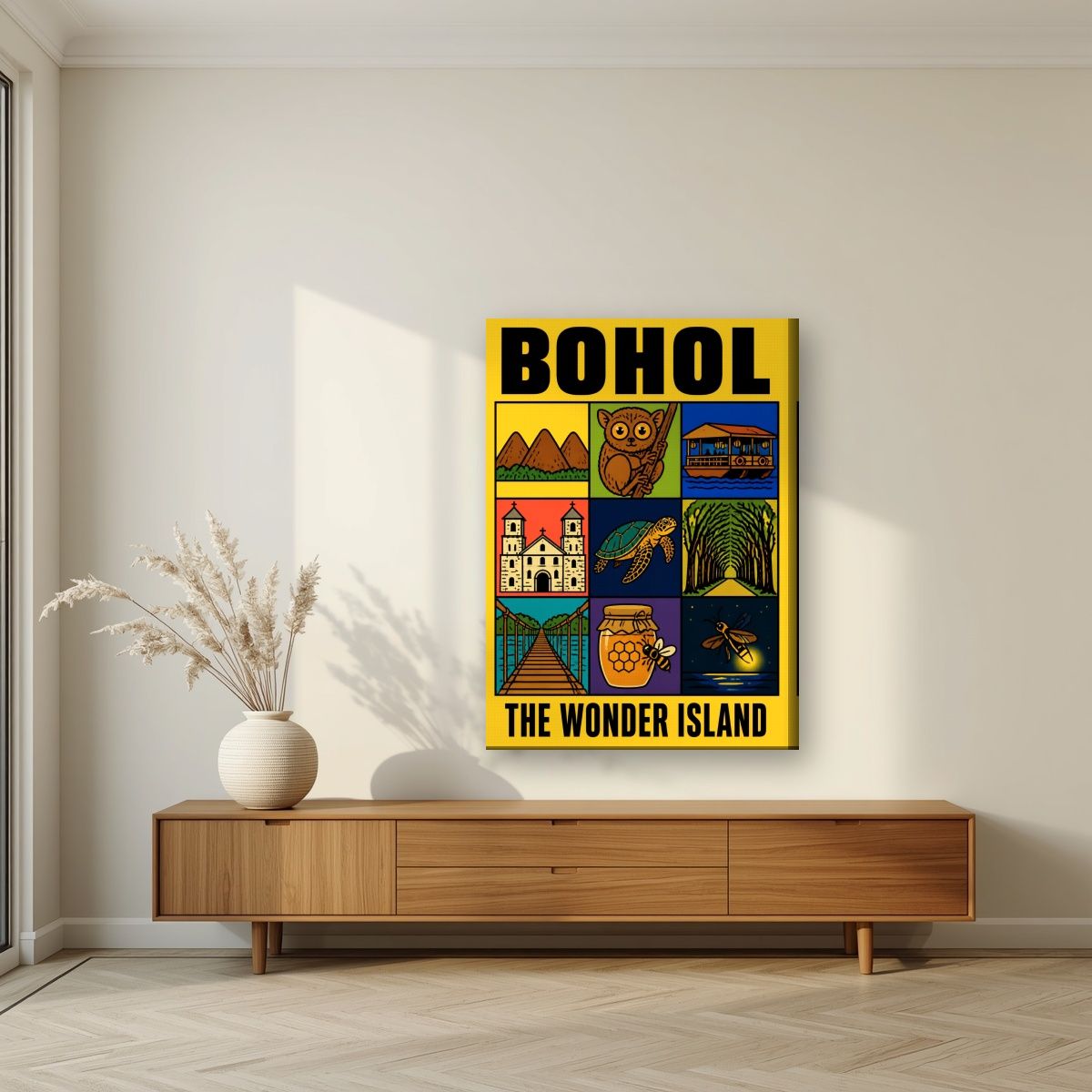 Hiyas ng Isla — Bohol art print, on slim canvas, styled in a living room
