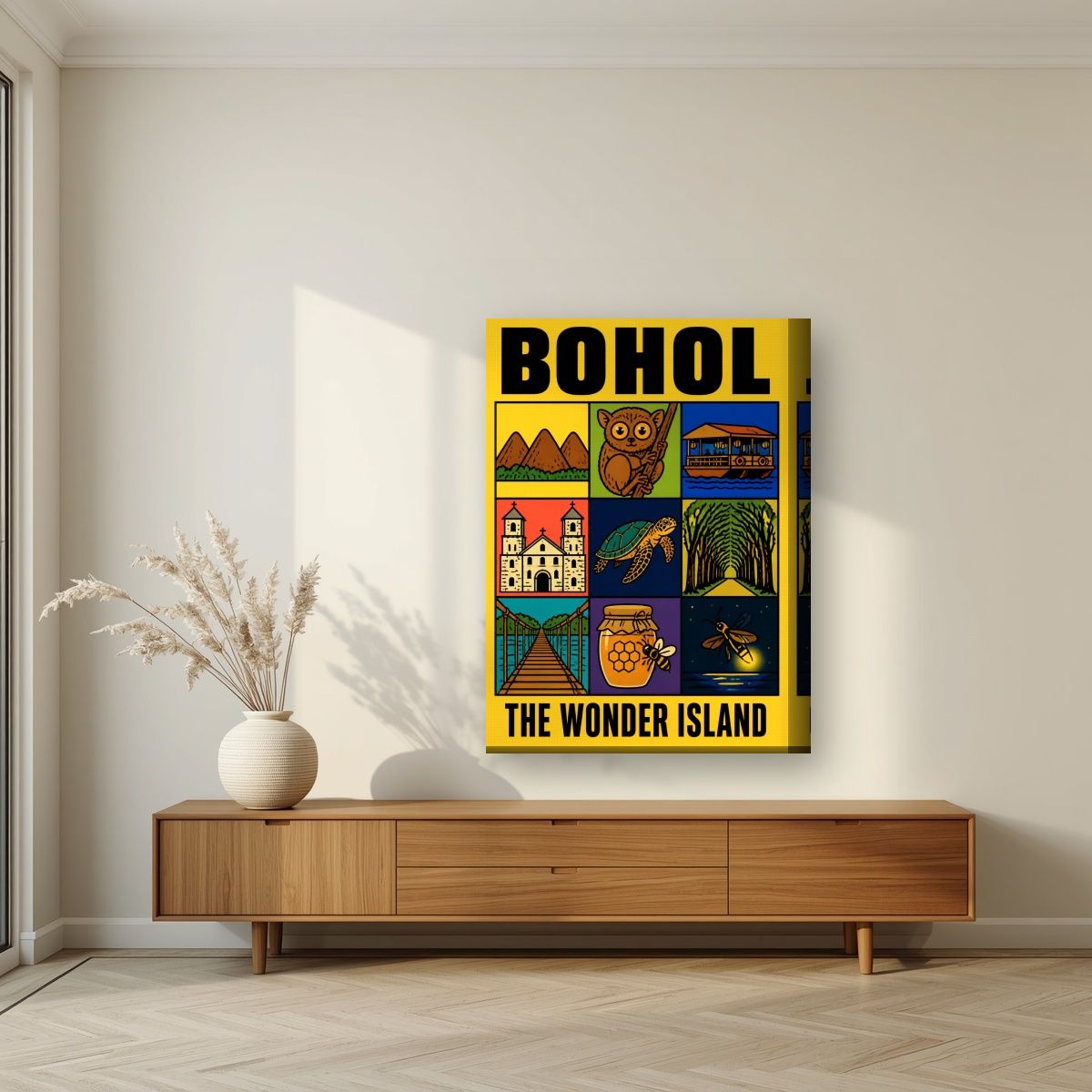 Hiyas ng Isla — Bohol art print, on thick canvas, styled in a living room