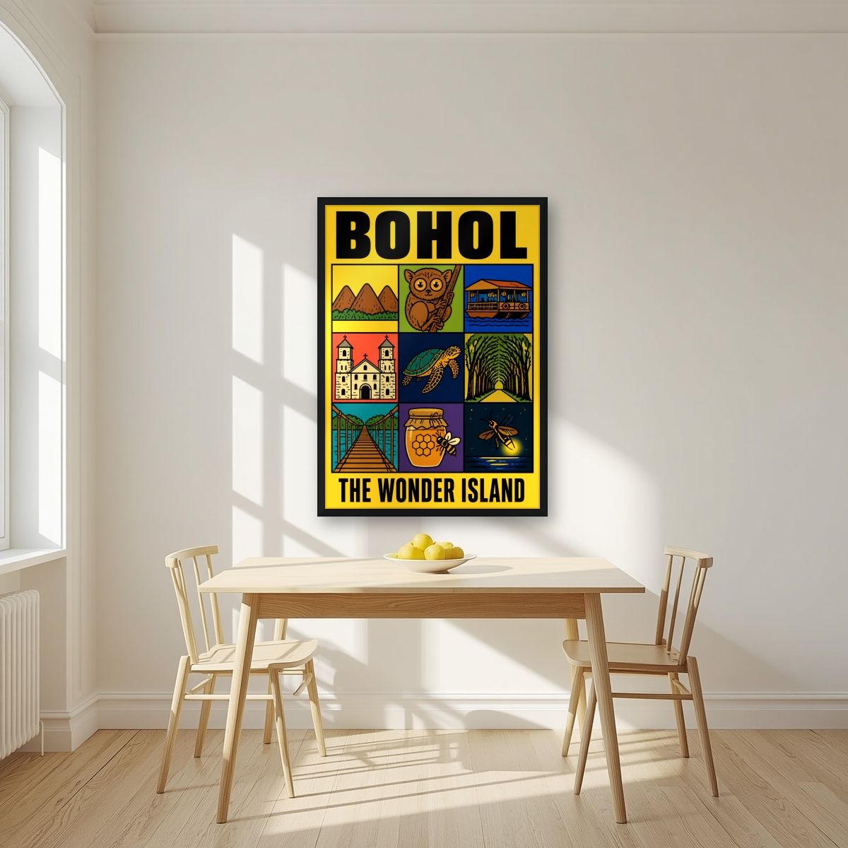 Hiyas ng Isla — Bohol art print, in a black frame, styled in a kitchen