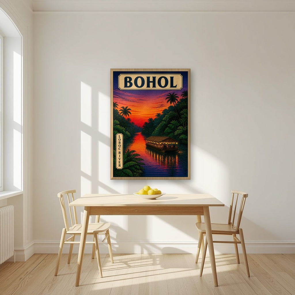 Ilog Loboc — Bohol art print, in an oak frame, styled in a kitchen