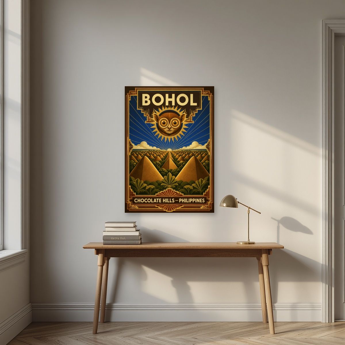 Sunburst Tarsier — Bohol art print, unframed poster, styled in a desk