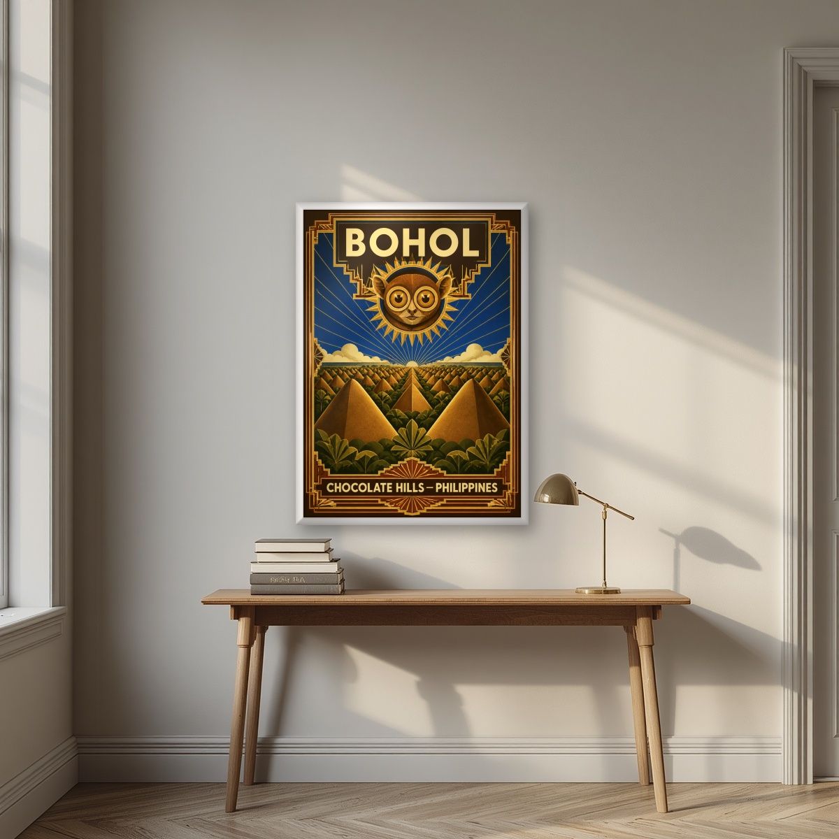 Sunburst Tarsier — Bohol art print, in a white frame, styled in a desk