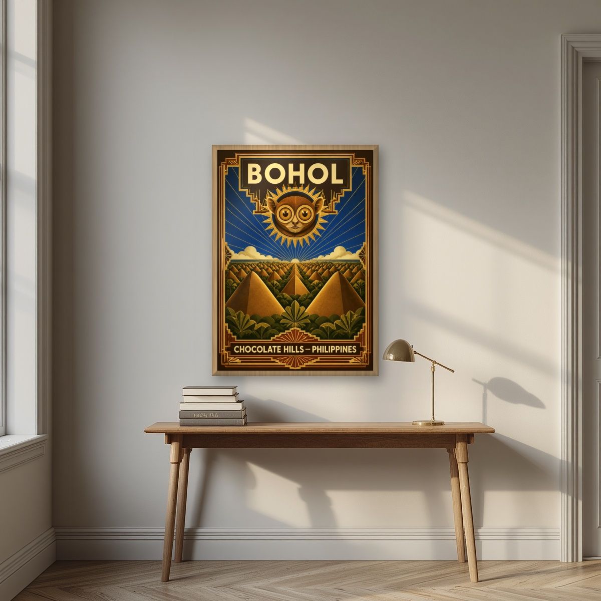 Sunburst Tarsier — Bohol art print, in an oak frame, styled in a desk