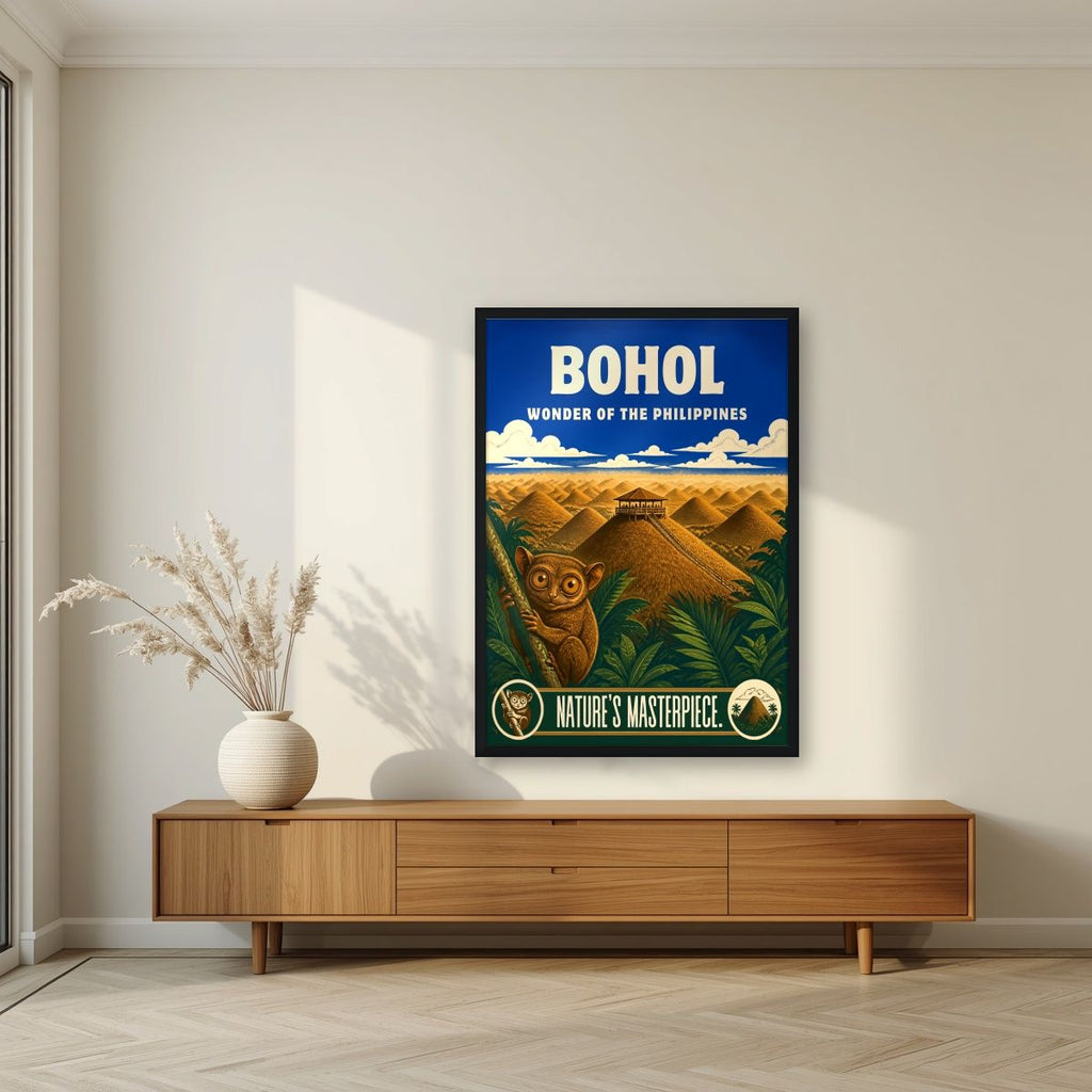Tarsier Vista — Bohol art print, in a black frame, styled in a living room