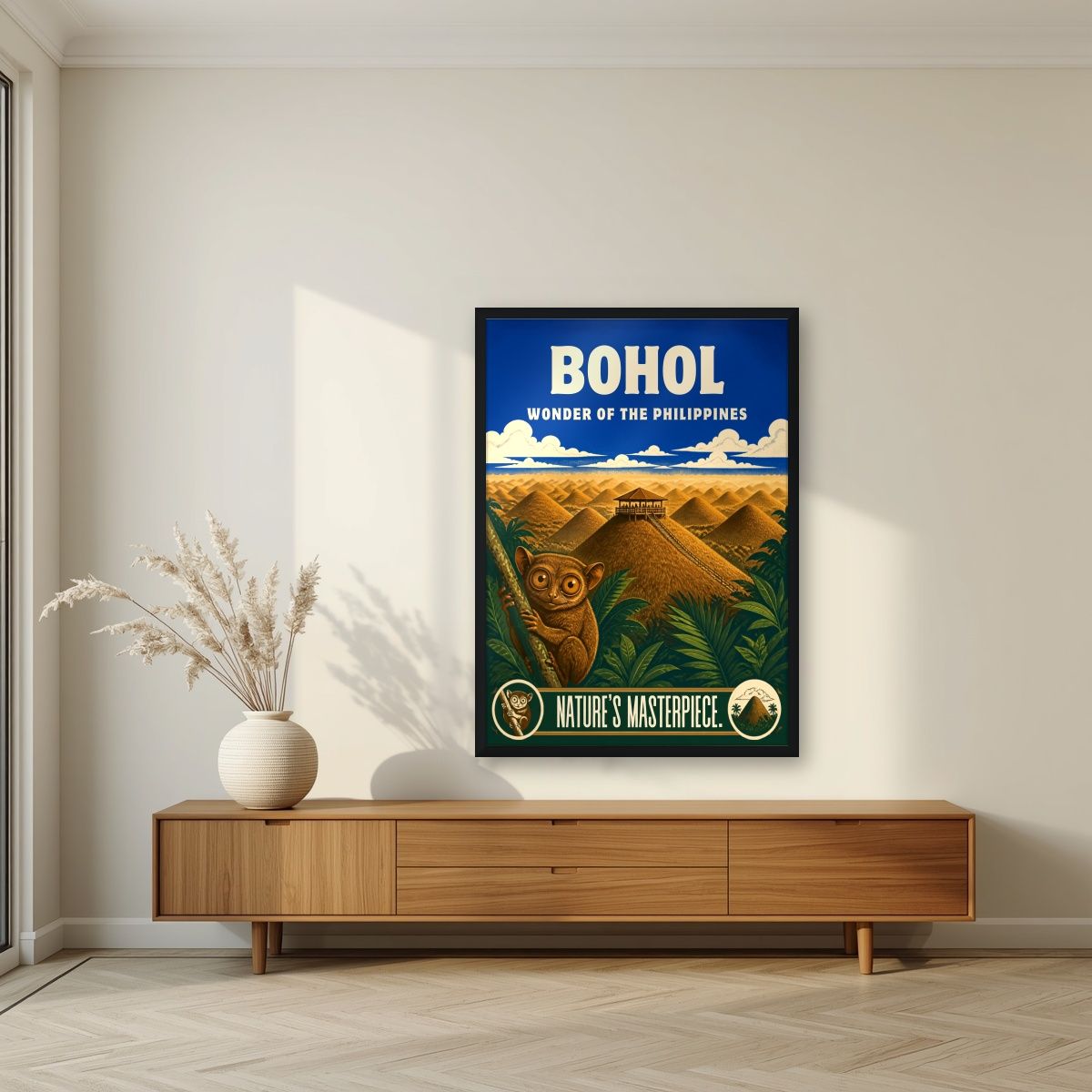 Tarsier Vista — Bohol art print, in a black frame, styled in a living room