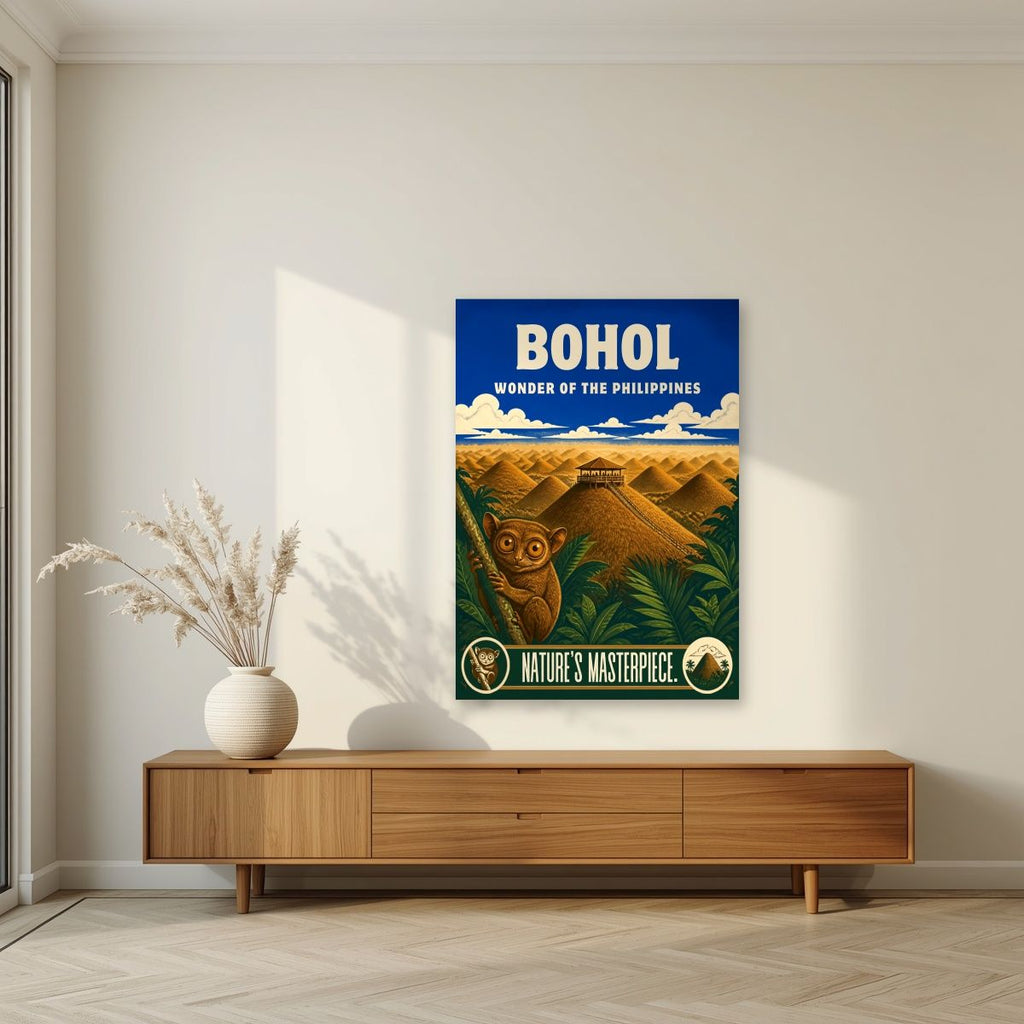 Tarsier Vista — Bohol art print, unframed poster, styled in a living room