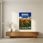 Tarsier Vista — Bohol art print, unframed poster, styled in a living room