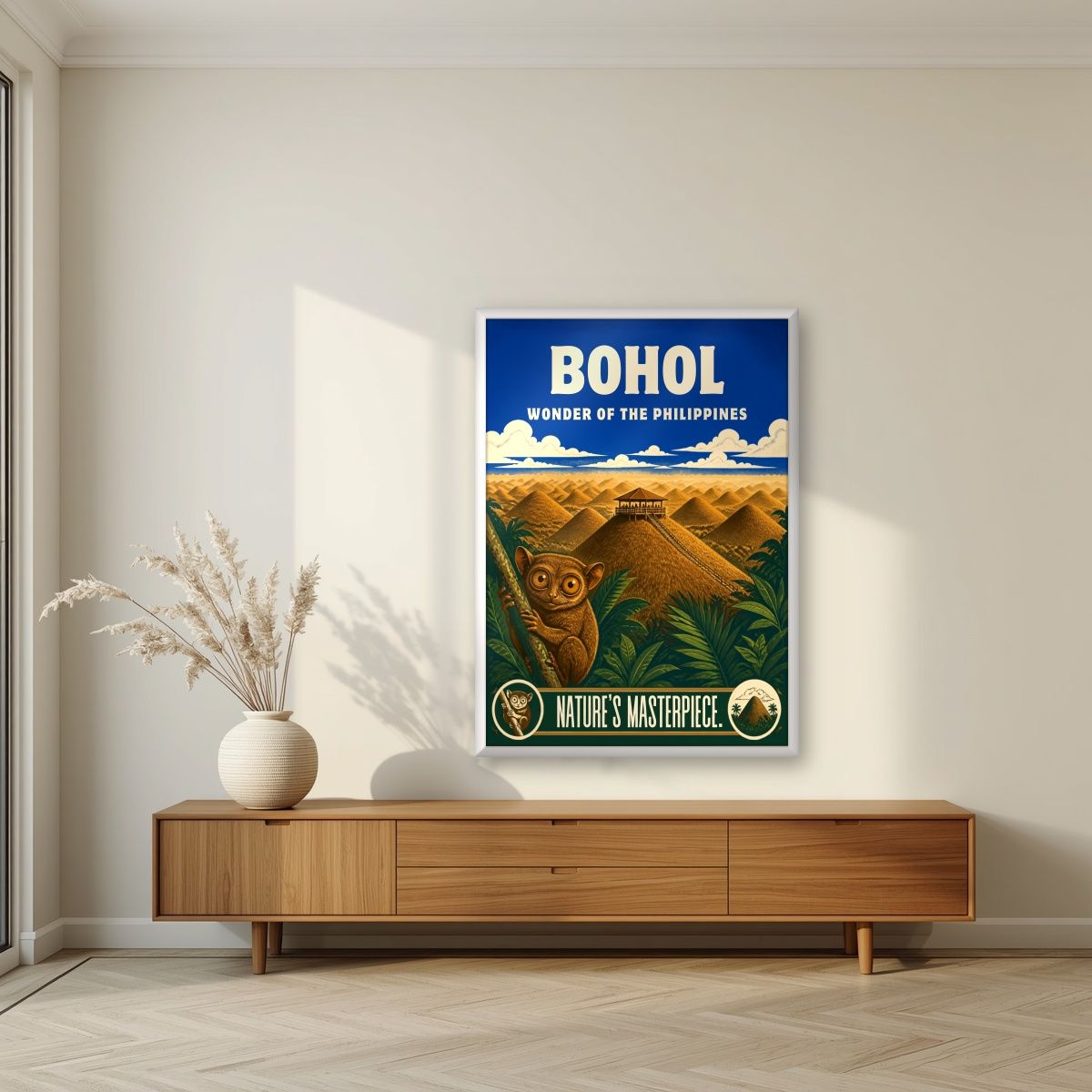 Tarsier Vista — Bohol art print, in a white frame, styled in a living room