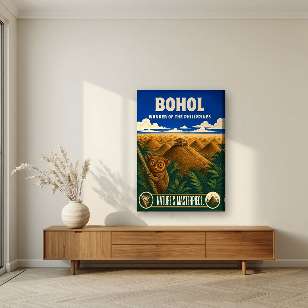 Tarsier Vista — Bohol art print, on slim canvas, styled in a living room