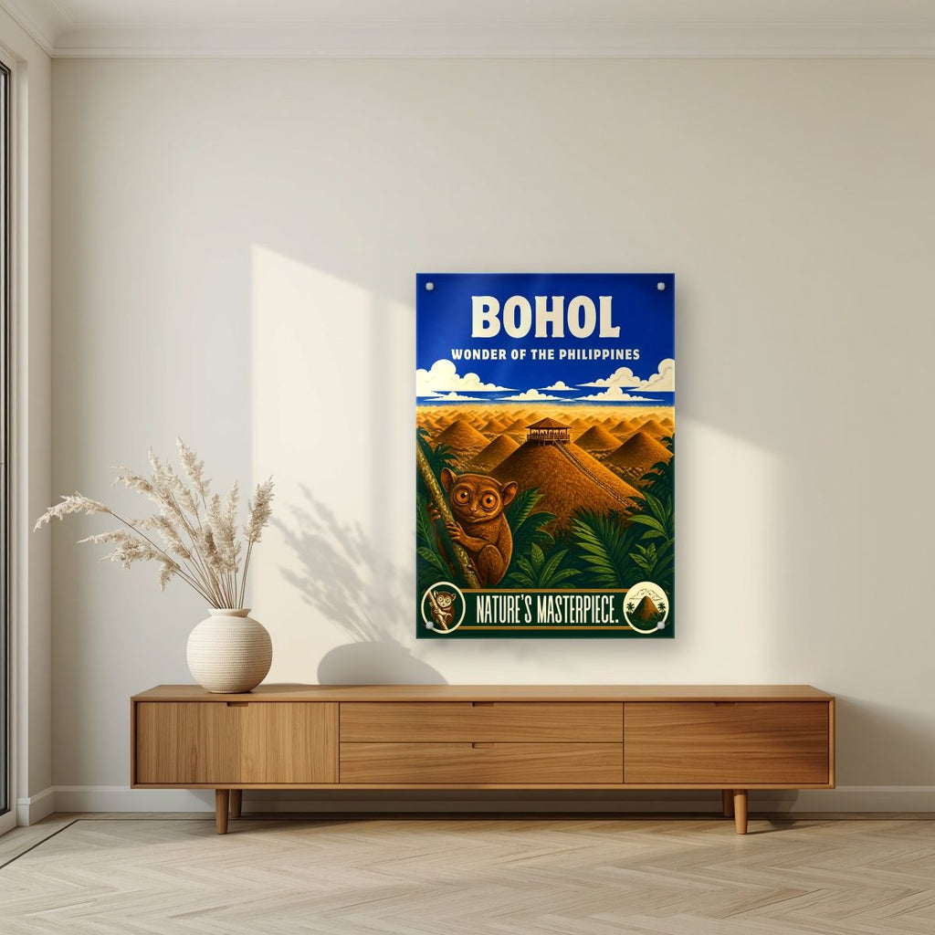 Tarsier Vista — Bohol art print, as an acrylic print, styled in a living room
