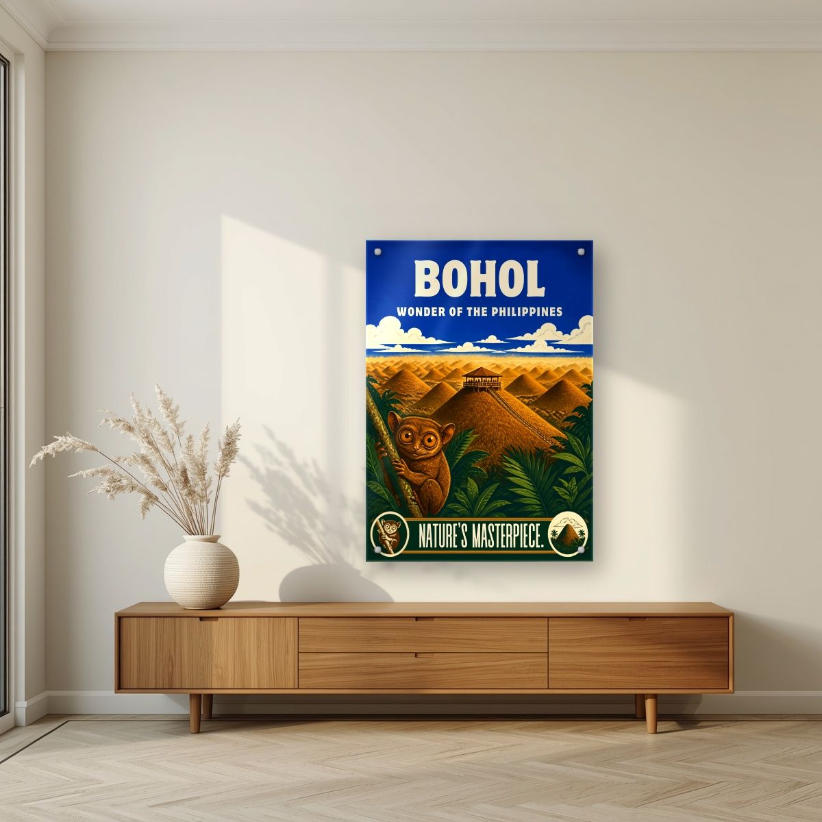 Tarsier Vista — Bohol art print, as an acrylic print, styled in a living room