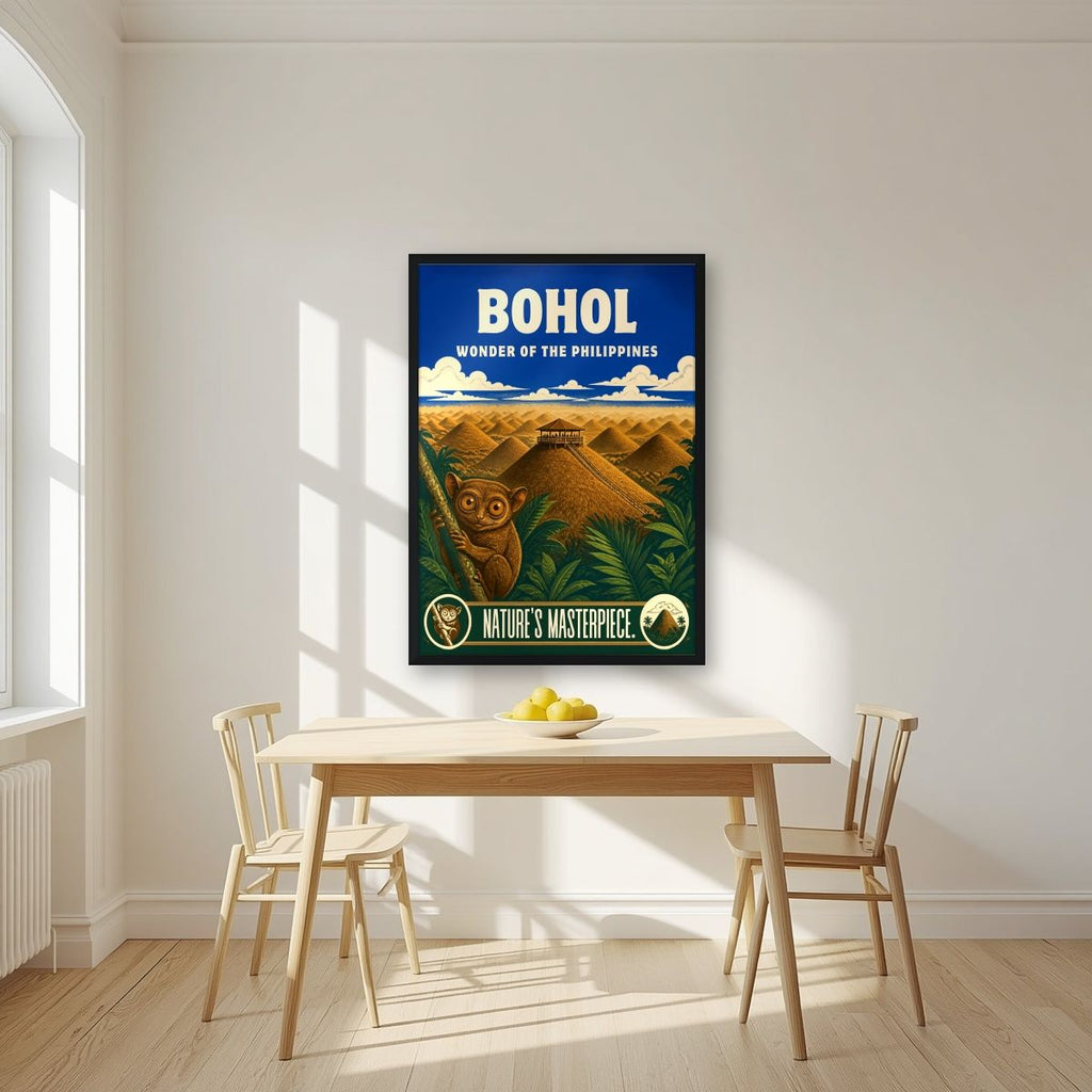 Tarsier Vista — Bohol art print, in a black frame, styled in a kitchen