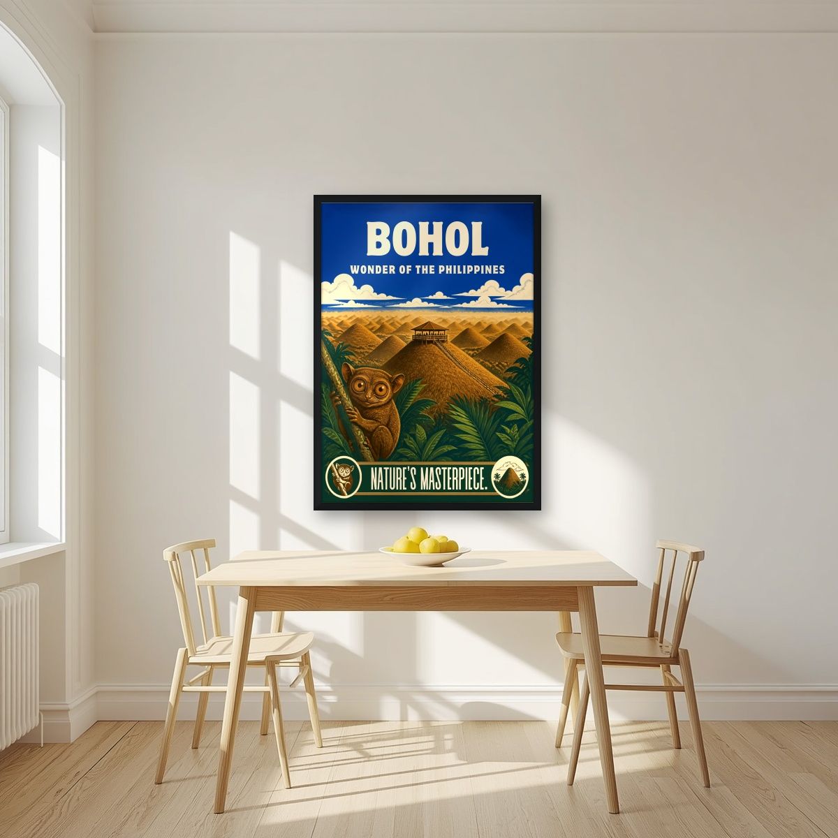 Tarsier Vista — Bohol art print, in a black frame, styled in a kitchen