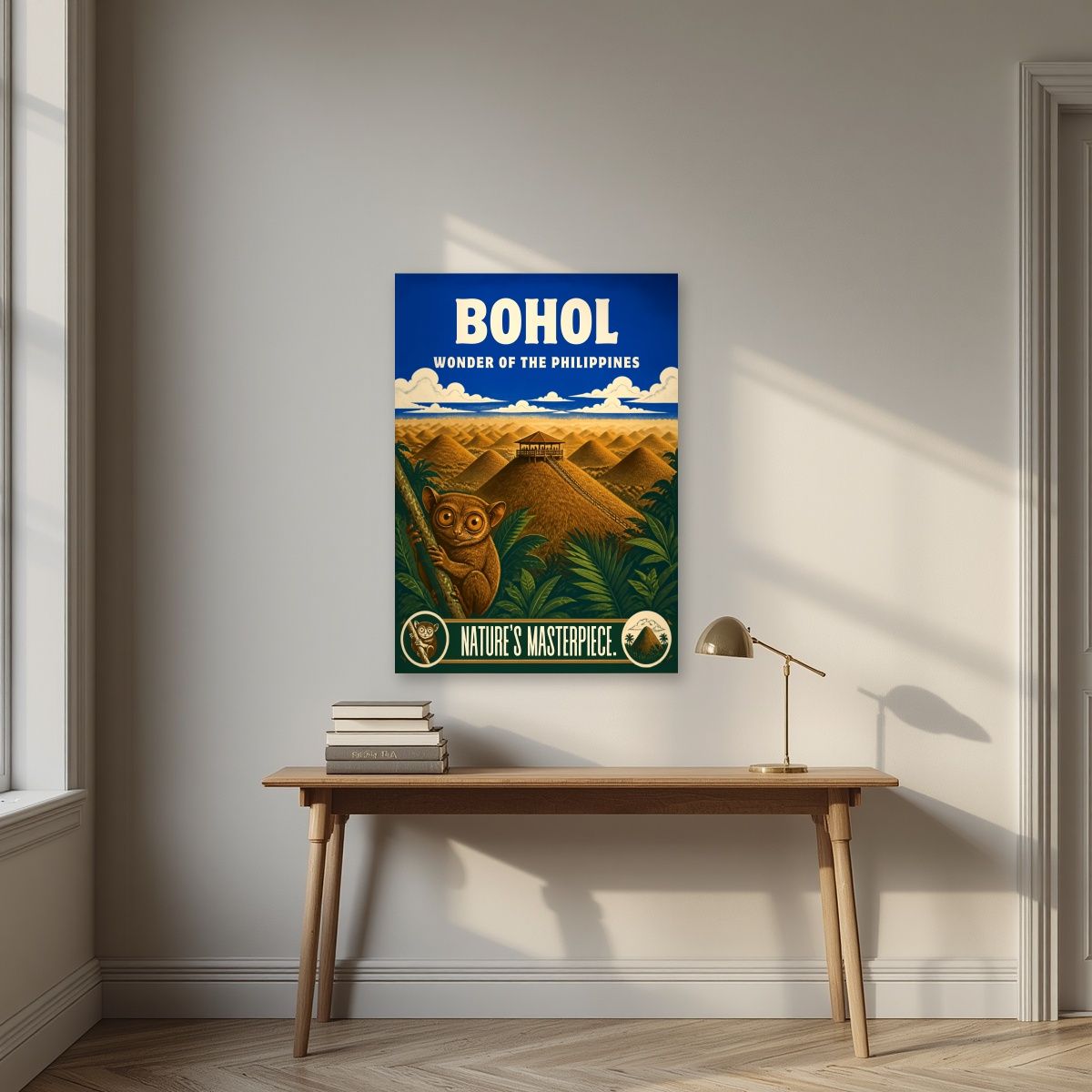 Tarsier Vista — Bohol art print, unframed poster, styled in a desk